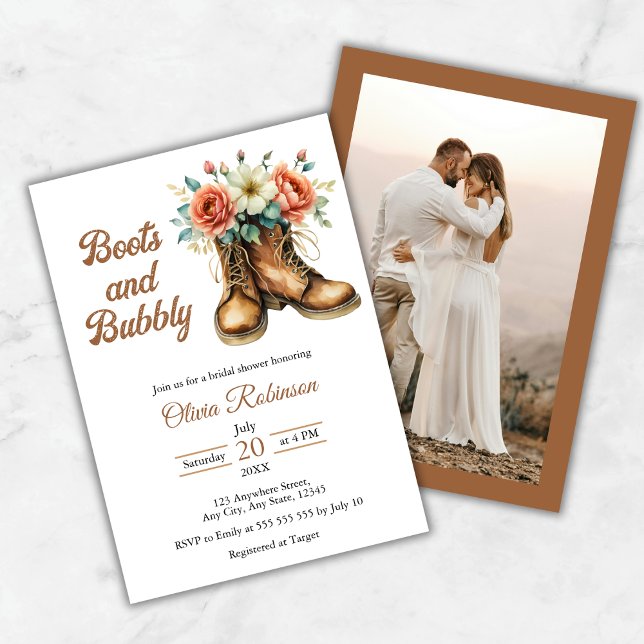 Invitation Photo de bottes rustiques et douche de nuptiale pé (Photo Rustic Boots and Bubbly Bridal Shower Invitation )