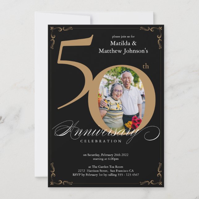 Invitation Photo de calligraphie noir or 50e anniversaire (Devant)