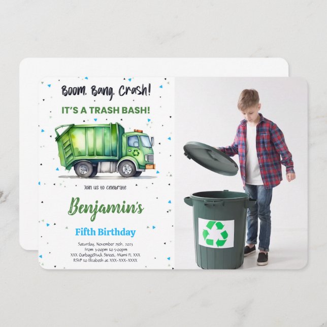 Invitation Photo de camion à ordures verte et noire (Devant / Derrière)