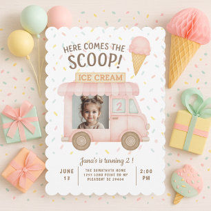 Invitation Photo de camion de glace rose pastel pour annivers