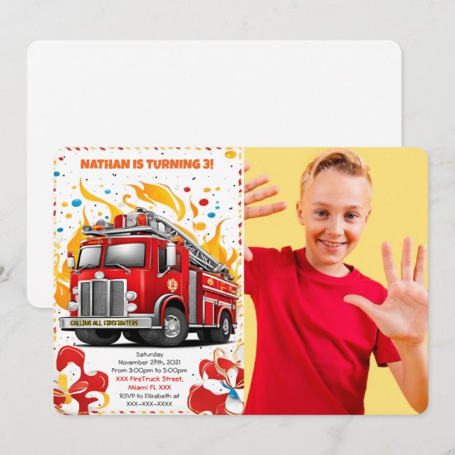 Invitation Photo de camion de pompiers anniversaire modifiabl (Devant / Derrière)