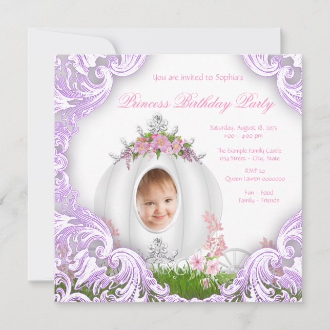 Invitation Photo de carrosse de Princesse Violette pour fête  (Devant)