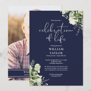 Invitation Photo de célébration de la vie en bleu marine avec