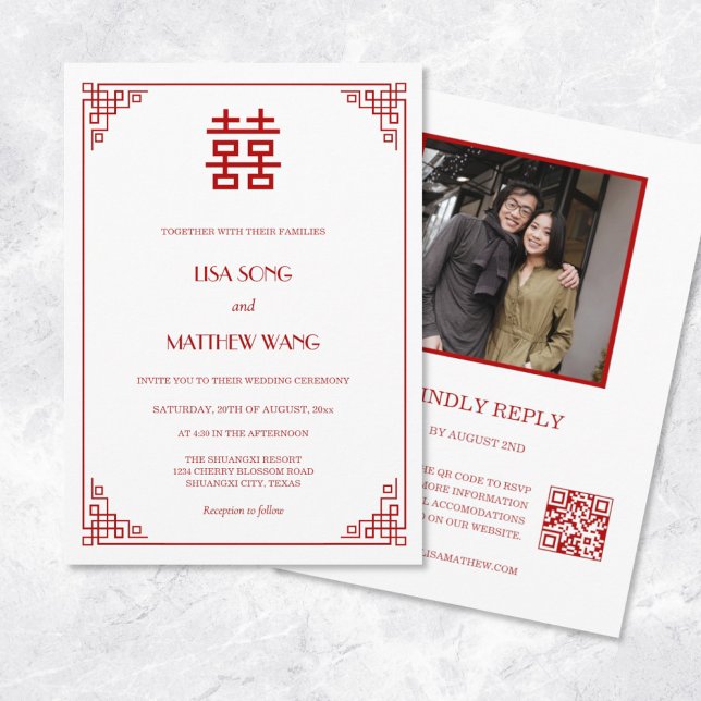 Invitation Photo de code QR | Mariage chinois rouge blanc (Créateur téléchargé)