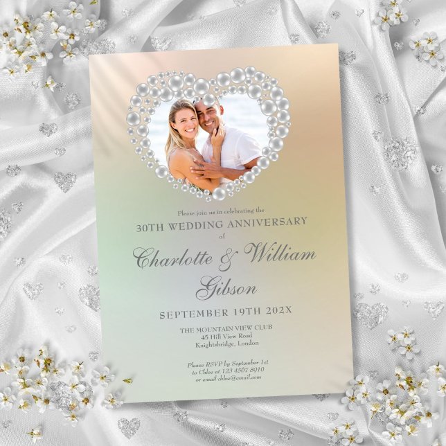 Invitation Photo de cœur de perle 30e anniversaire de mariage (Pearl Heart Photo 30th Wedding Anniversary Invitation)