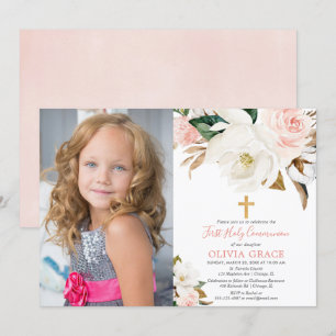 Invitation Photo de communion rustique florale blanche et ros