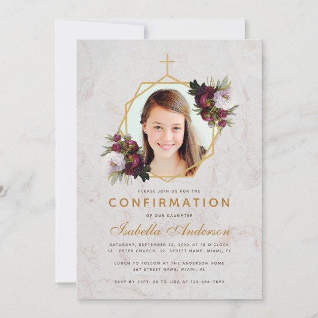 Invitation Photo de confirmation de fille Fleurs de pivoines  (Devant)