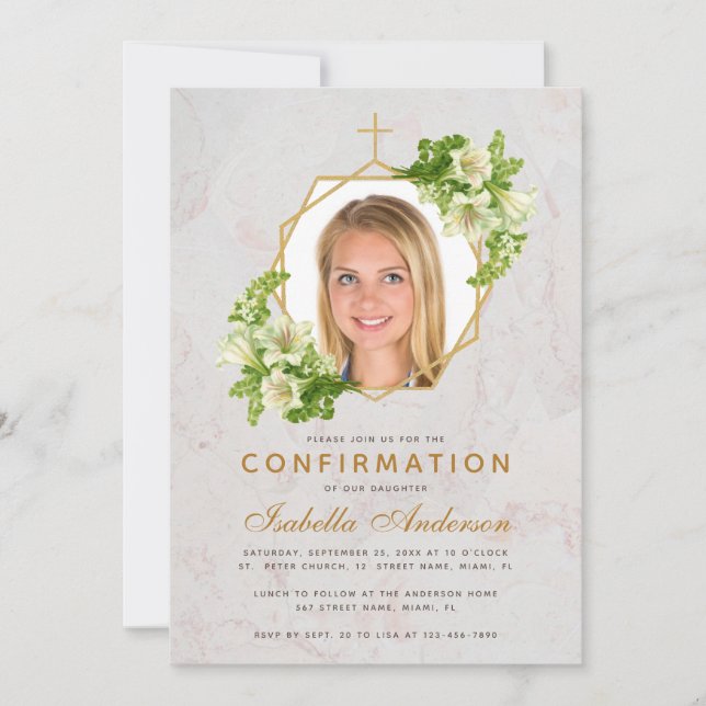 Invitation Photo de confirmation de fille Marbre floral Lys b (Devant)