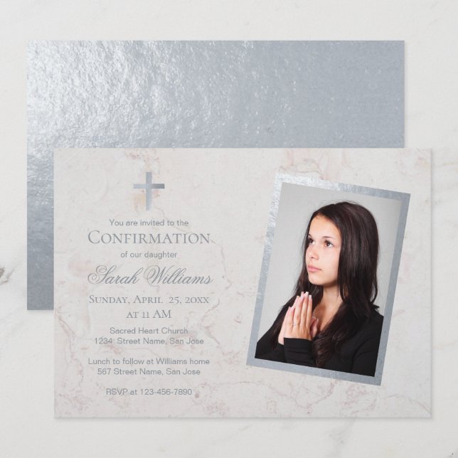 Invitation Photo de confirmation Faux marbre blanc argenté sc (Devant / Derrière)