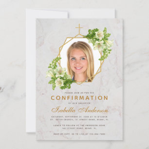 Invitation Photo de confirmation Fille Fleurs de lys Marbre B