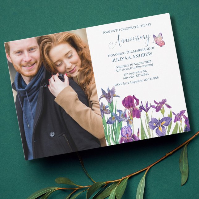 Invitation Photo de couple de fleurs d'iris pour une fête d'a (Créateur téléchargé)