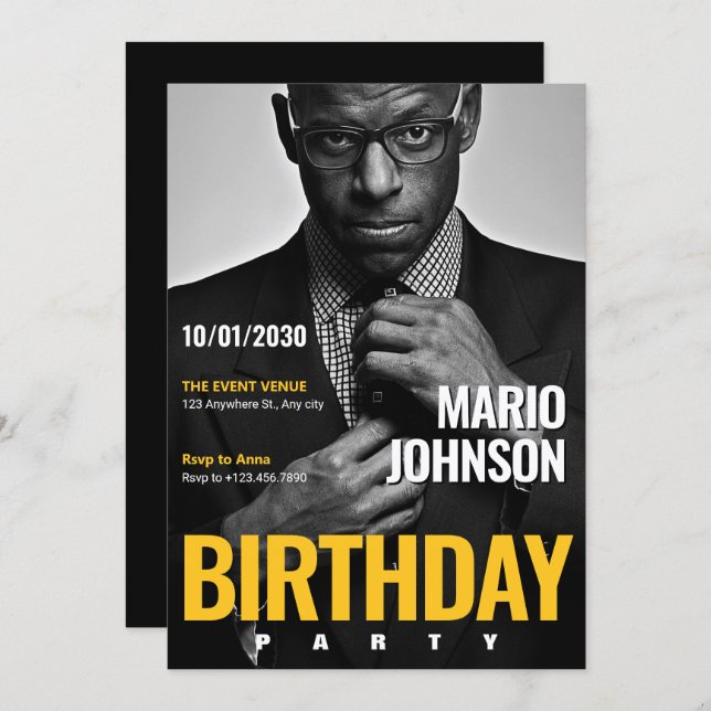 Invitation Photo de couverture de magazine élégant pour anniv (Devant / Derrière)