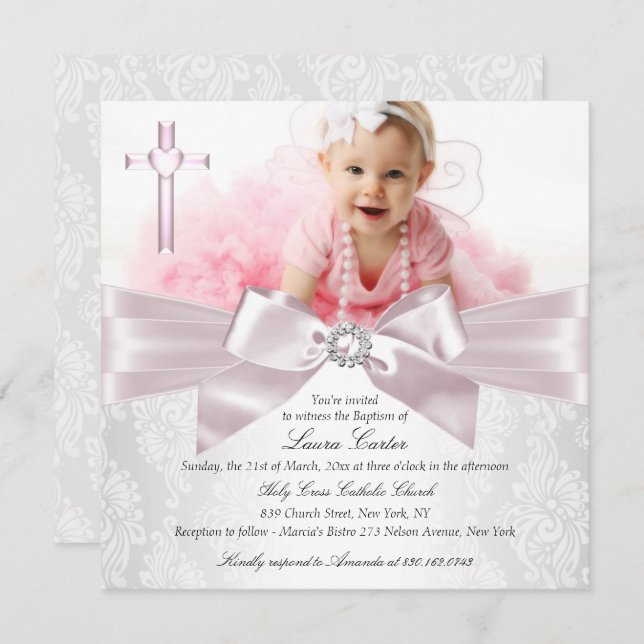 Invitation Photo de Croix de Bow rose Baptême/Christening (Devant / Derrière)