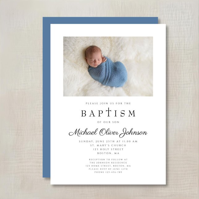 Invitation Photo de croix religieuse Baptême garçon bleu (Religious Cross Photo Blue Boy Baptism Invitation)