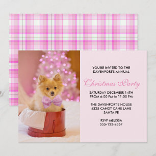 Invitation Photo de Cute Christmas Dog avec Pink Bow & Tree