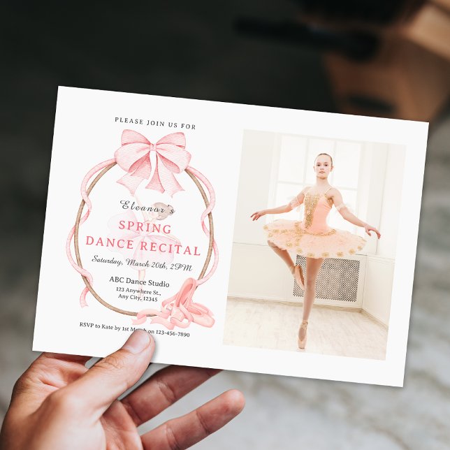 Invitation Photo de danse de ballet avec ruban rose (Pink Bow Photo Ballet Girl Dance Recital Invitation)