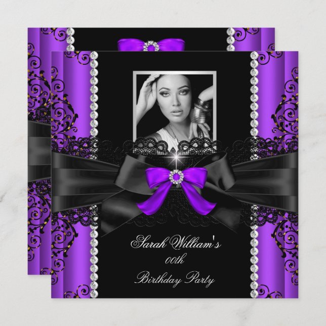 Invitation Photo de dentelle noire violet fête d'anniversaire (Devant / Derrière)