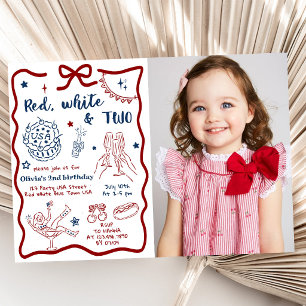 Invitation Photo de deux anniversaires rouge blanc patriotiqu