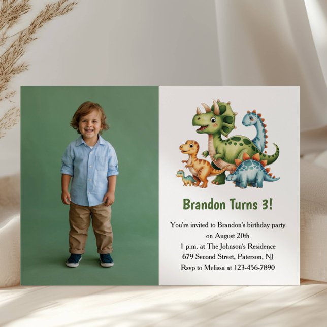 Invitation Photo de dinosaure de garçon mignon pour fête d'an (Créateur téléchargé)