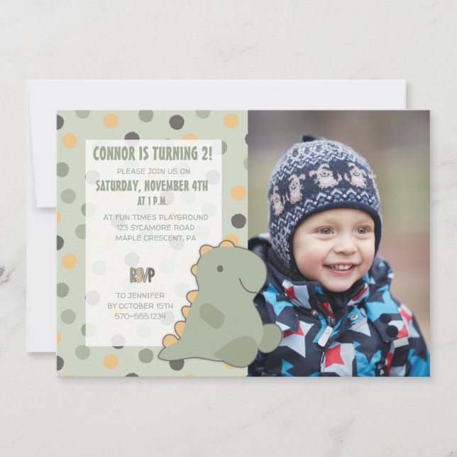 Invitation Photo de dinosaure mignon Fête aux pois verts (Devant)