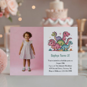 Invitation Photo de dinosaure rose mignon pour fête d'anniver