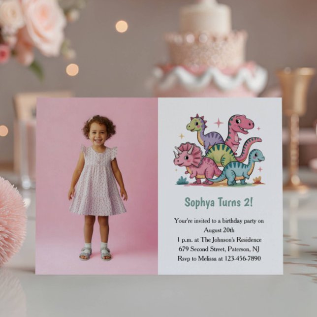 Invitation Photo de dinosaure rose mignon pour fête d'anniver (Créateur téléchargé)