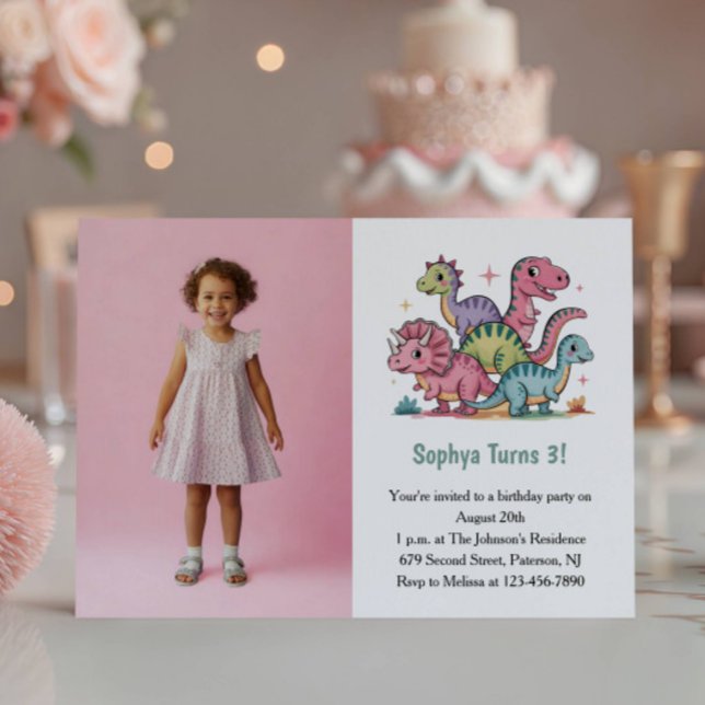 Invitation Photo de dinosaure rose mignon pour fête d'anniver (Créateur téléchargé)