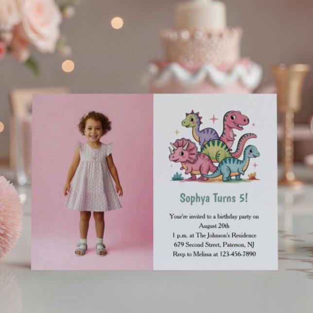 Invitation Photo de dinosaure rose mignon pour fête d'anniver (Créateur téléchargé)
