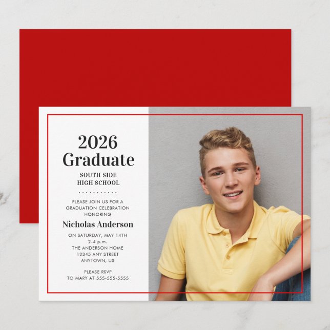 Invitation Photo de diplômé classique 2026 Rouge Diplômé (Devant / Derrière)