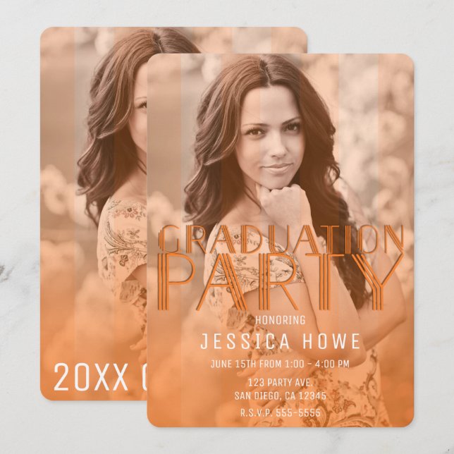 Invitation Photo de diplômé de fête de fin d'études orange mo (Devant / Derrière)