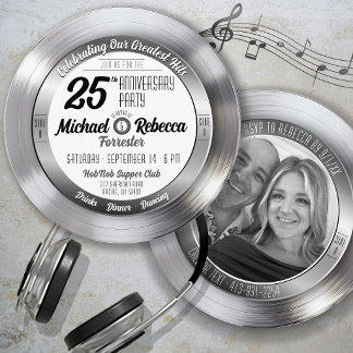 Invitation Photo de disque vinyle argenté rétro pour fête d'a