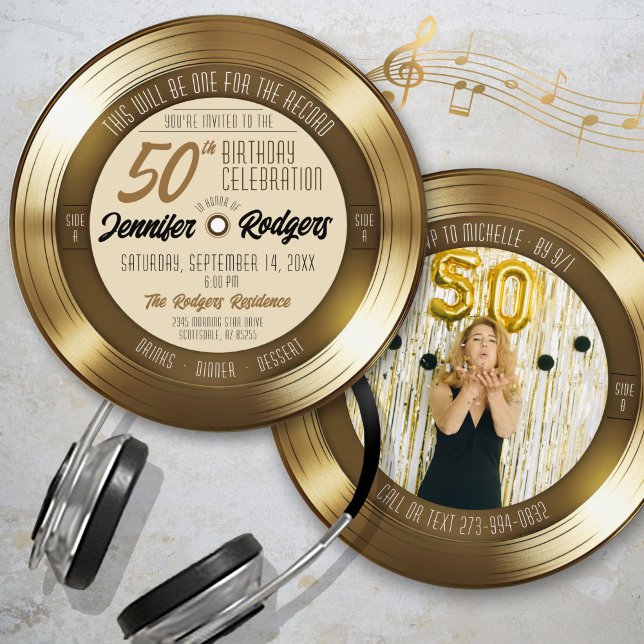 Invitation Photo de disque vinyle Retro Gold pour fête d'anni (round circle shape retro gold vinyl record 50th birthday party photo invitation gold and black theme)