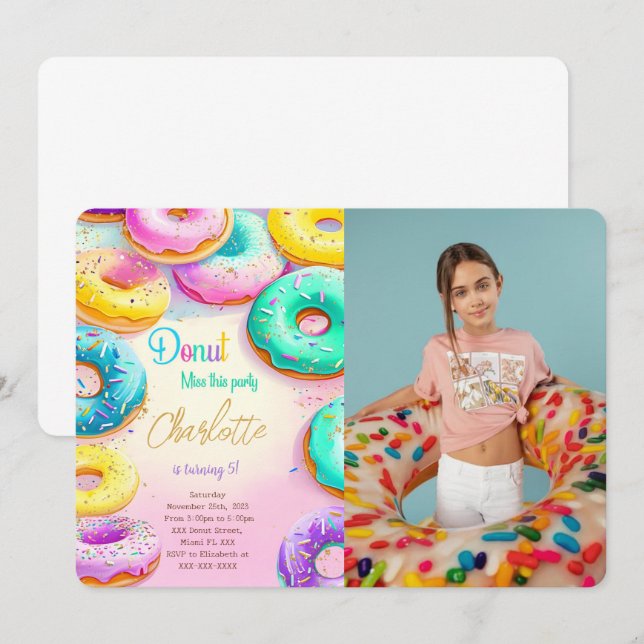 Invitation Photo de donuts bleus et verts pour anniversaire (Devant / Derrière)