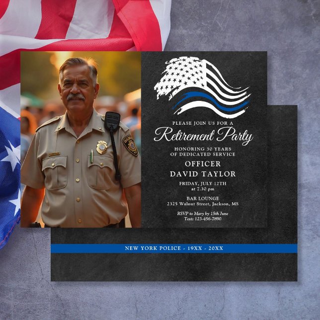 Invitation Photo de drapeau de ligne bleue fine pour fête de  (Police Retirement Party Thin Blue Line Flag Photo Invitation)