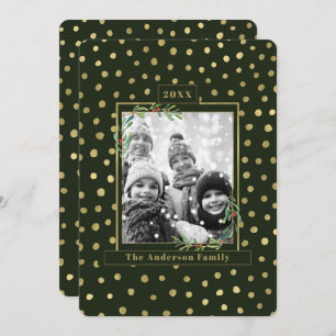 Invitation Photo de famille Green & Gold Snow Holiday