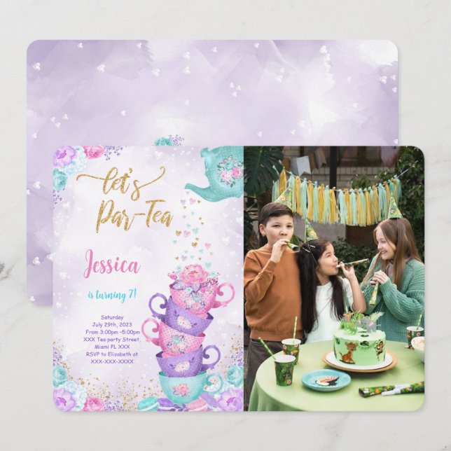 Invitation photo de fête à thé rose et violet (Devant / Derrière)