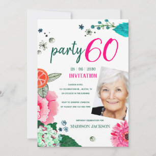 Invitation Photo de fête d'anniversaire 60 ans à fleurs vives