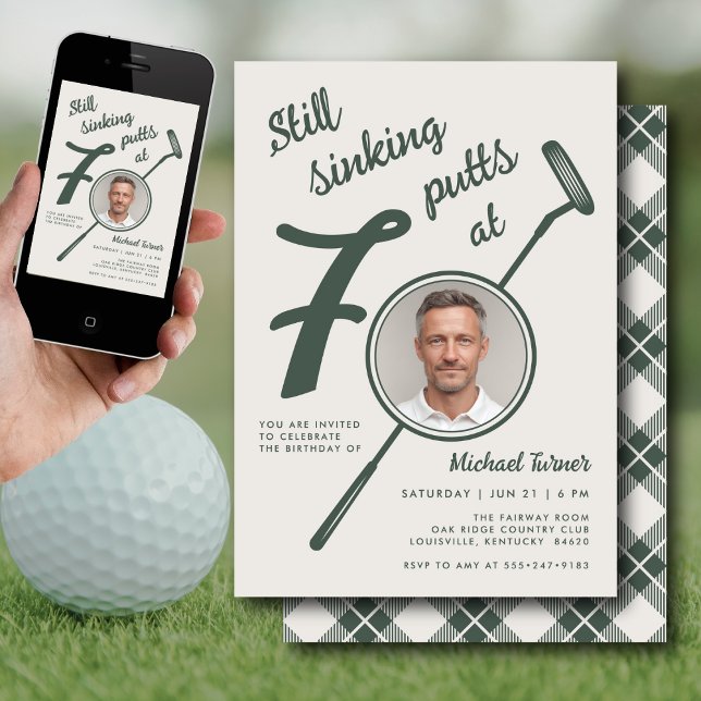 Invitation Photo de fête d'anniversaire 70 ans Putter de golf (Créateur téléchargé)