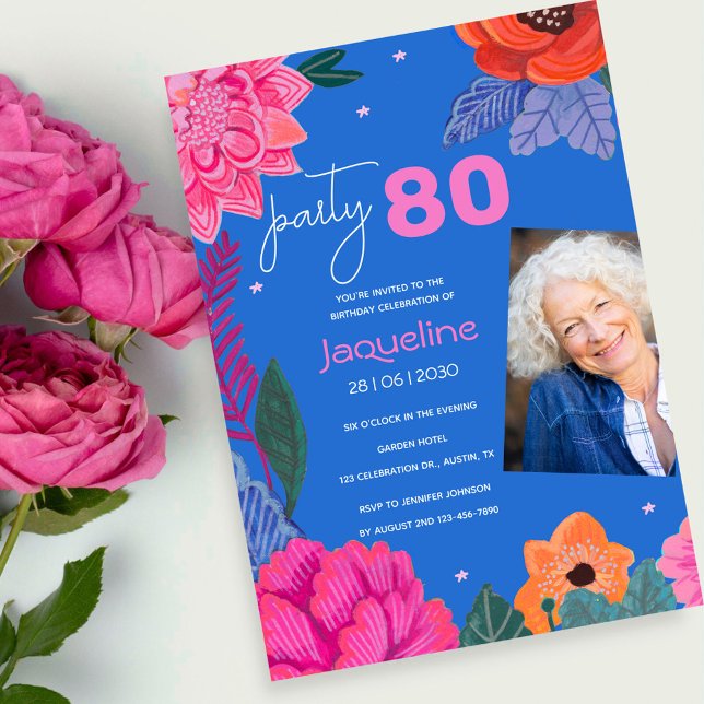 Invitation Photo de fête d'anniversaire 80 ans de fleurs sauv (Bright Wildflower Summer Birthday Party Invitation)