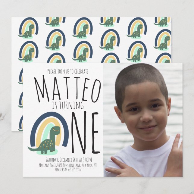 Invitation Photo de fête d'anniversaire arc-en-ciel de dinosa (Devant / Derrière)
