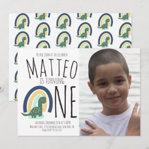 Invitation Photo de fête d'anniversaire arc-en-ciel de dinosa