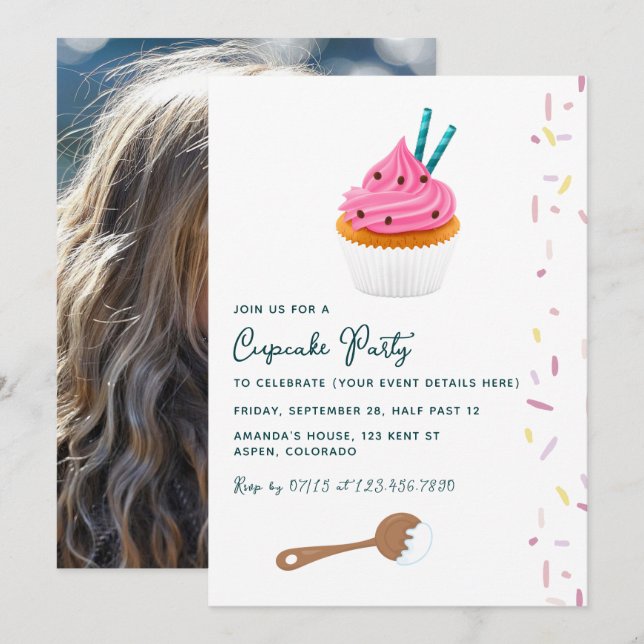 Invitation Photo de fête d'anniversaire avec Cupcake rose et  (Devant / Derrière)