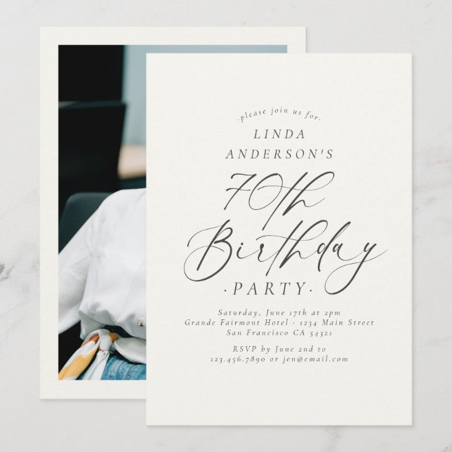 Invitation Photo de fête d'anniversaire de 70 ans en écriture (Devant / Derrière)