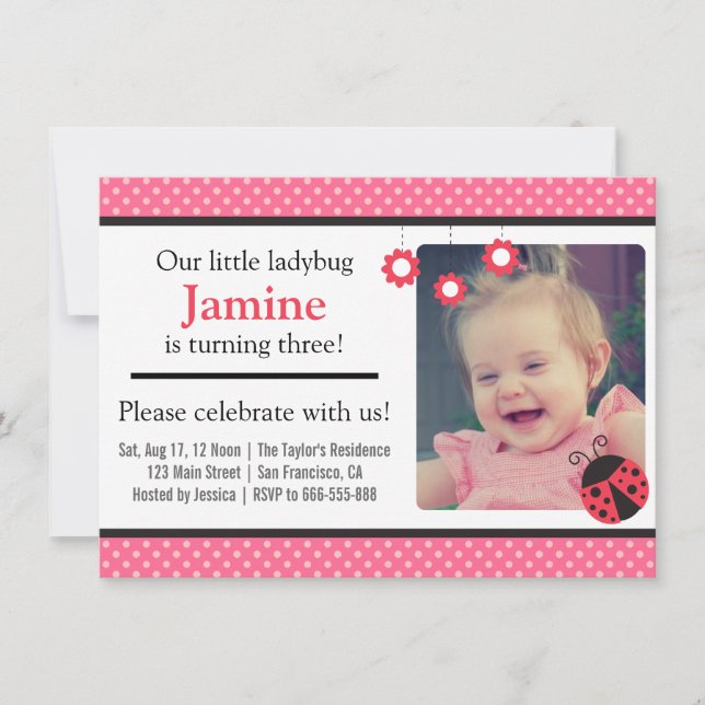 Invitation Photo de fête d'anniversaire de coccinelle mignonn (Devant)