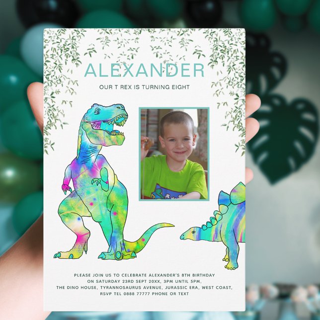 Invitation Photo de fête d'anniversaire de dinosaure T Rex (Dinosaur T-Rex jungle 8th birthday party invitation photo template Tyrannosaurus Rex stegosaurus )