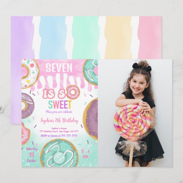 Invitation Photo de fête d'anniversaire de Donut vert et pour (Devant / Derrière)