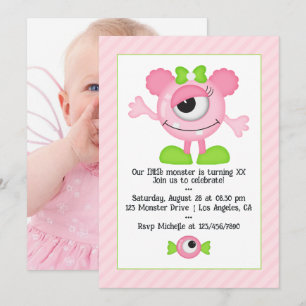 Invitation Photo de fête d'anniversaire de monstre rose migno