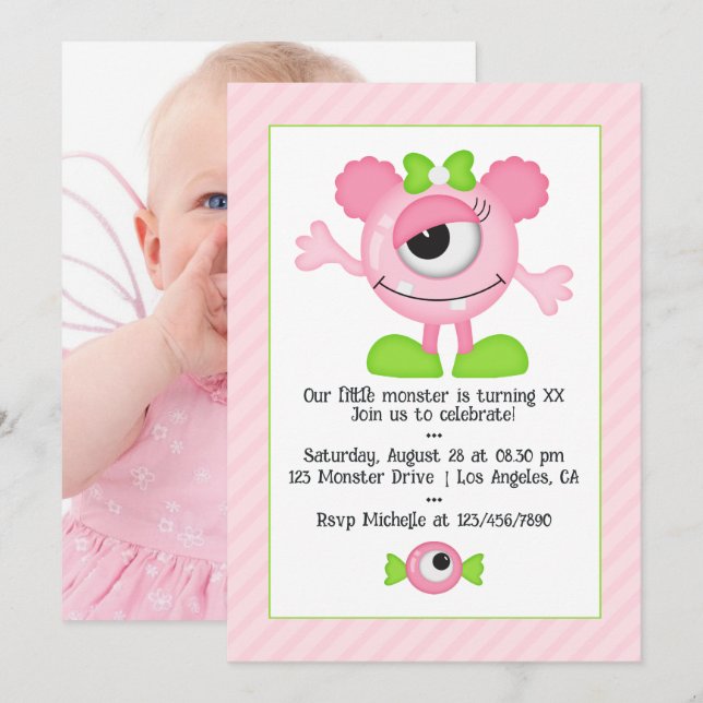 Invitation Photo de fête d'anniversaire de monstre rose migno (Devant / Derrière)