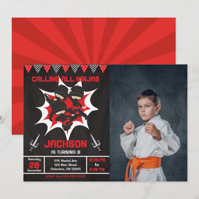Invitation Photo de fête d'anniversaire de ninja Karaté Ninja (Devant / Derrière)