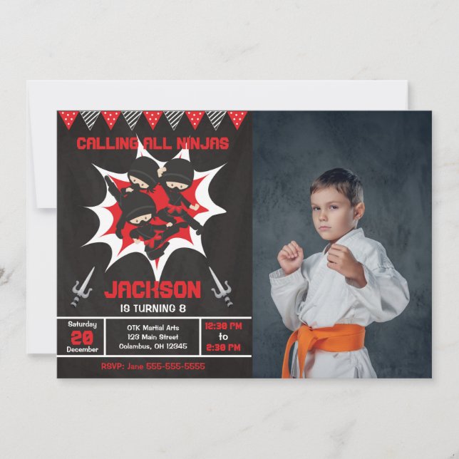 Invitation Photo de fête d'anniversaire de ninja Karaté Ninja (Devant)